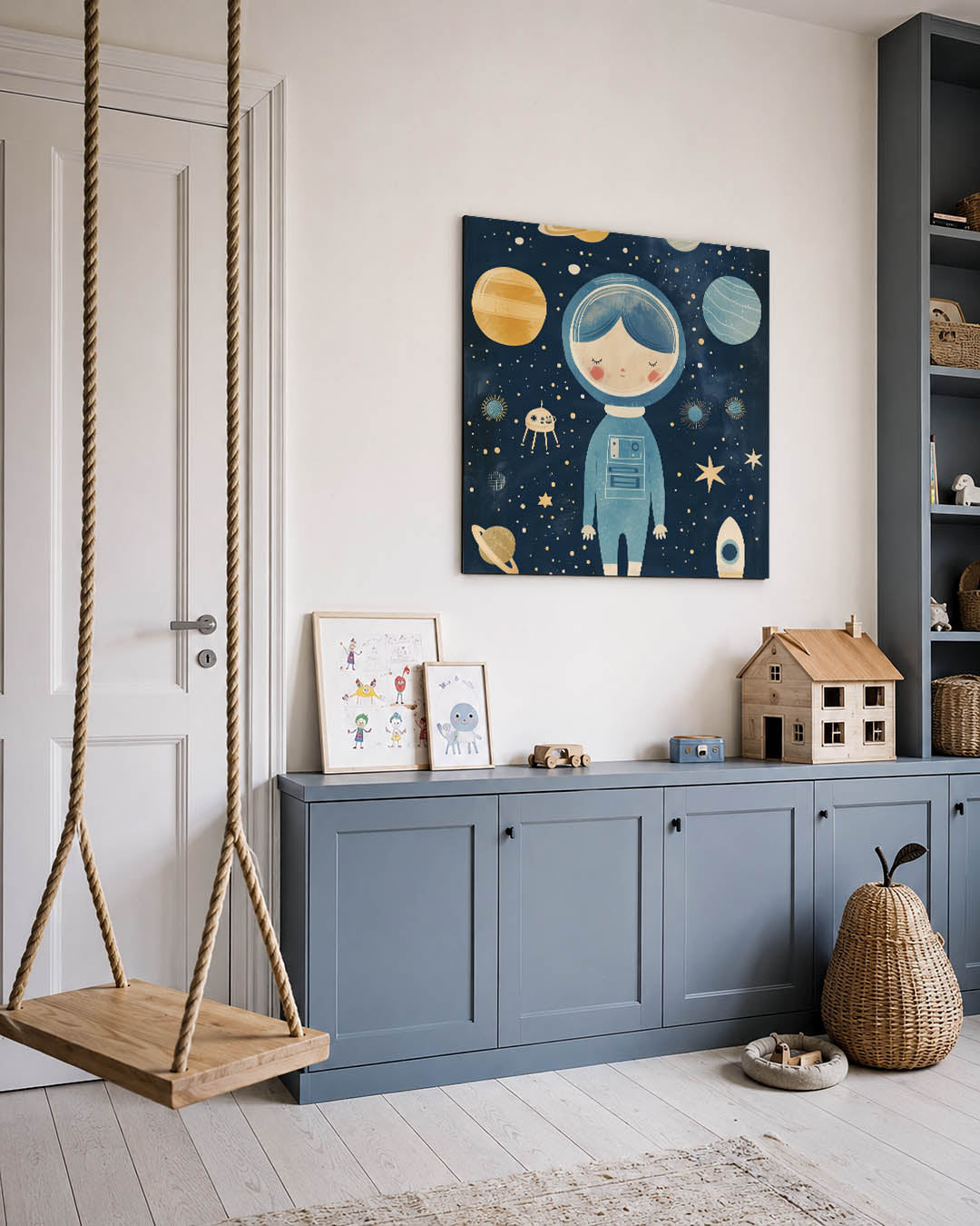 Dromerige ruimte illustratie kunstwerk – vierkante wanddecoratie – dit kunstwerk toont een dromerige ruimte met een slapende