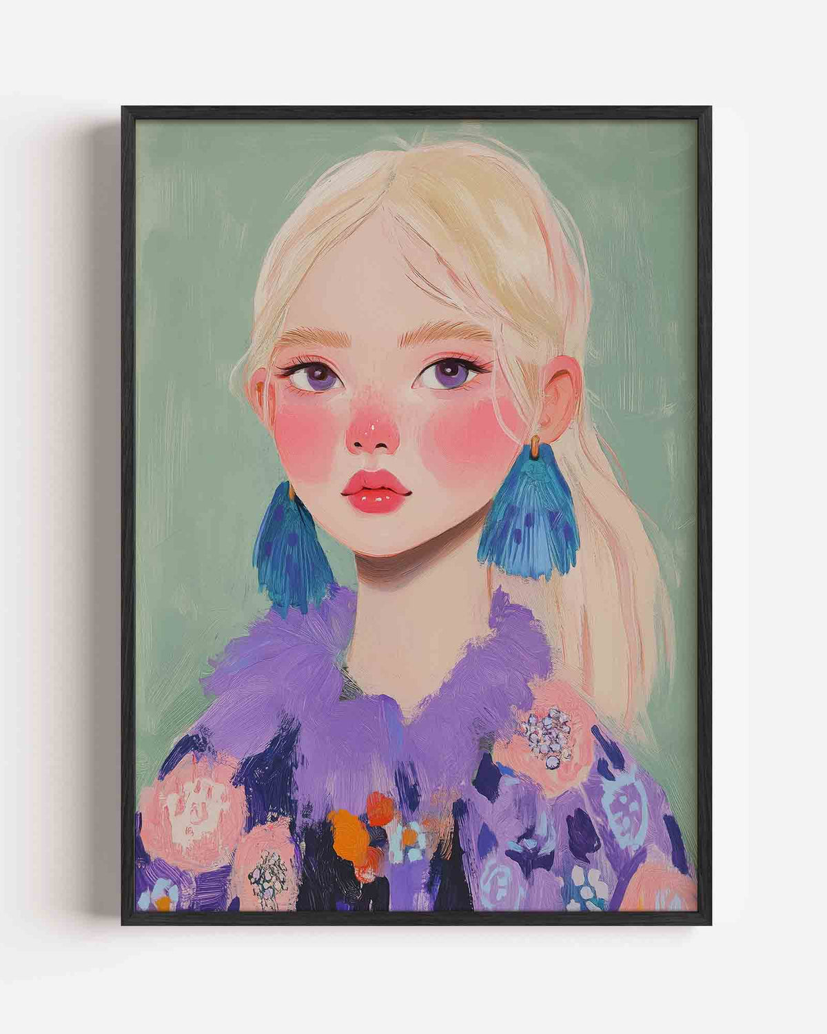 Portret met blauwe oorbellen – moderne portret poster als wanddecoratie