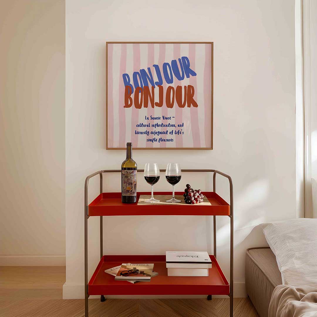 Bonjour tekst – vierkante keuken wanddecoratie van WallArtistic