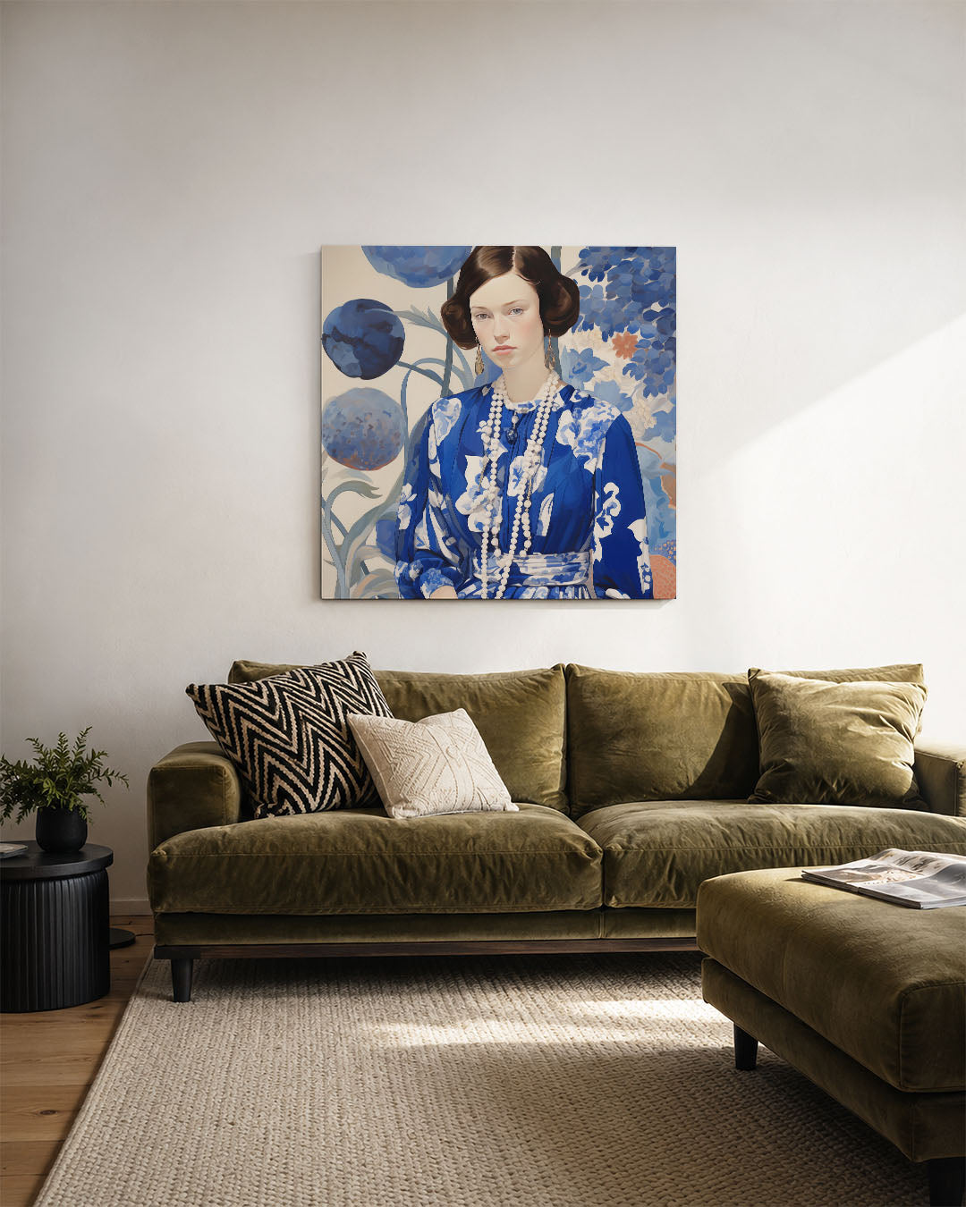 Vrouwelijk portret met bloemen kunstwerk – derde productweergave – dit werk toont een vrouw in een blauwe jurk met witte
