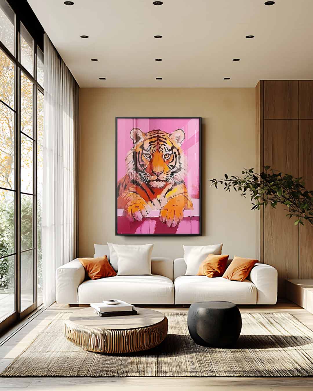 Badende Tijger op Roze Achtergrond – modern portret kunstwerk van WallArtistic