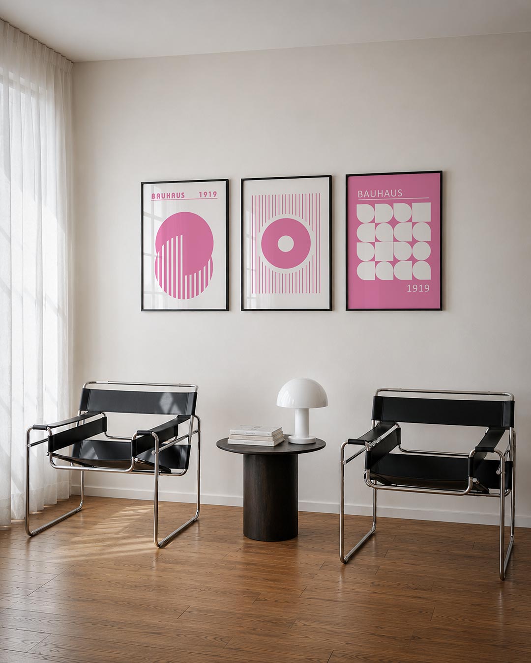 Roze cirkelspel posterset – derde productweergave – deze posterset in drie delen toont een grote roze cirkel met verticale