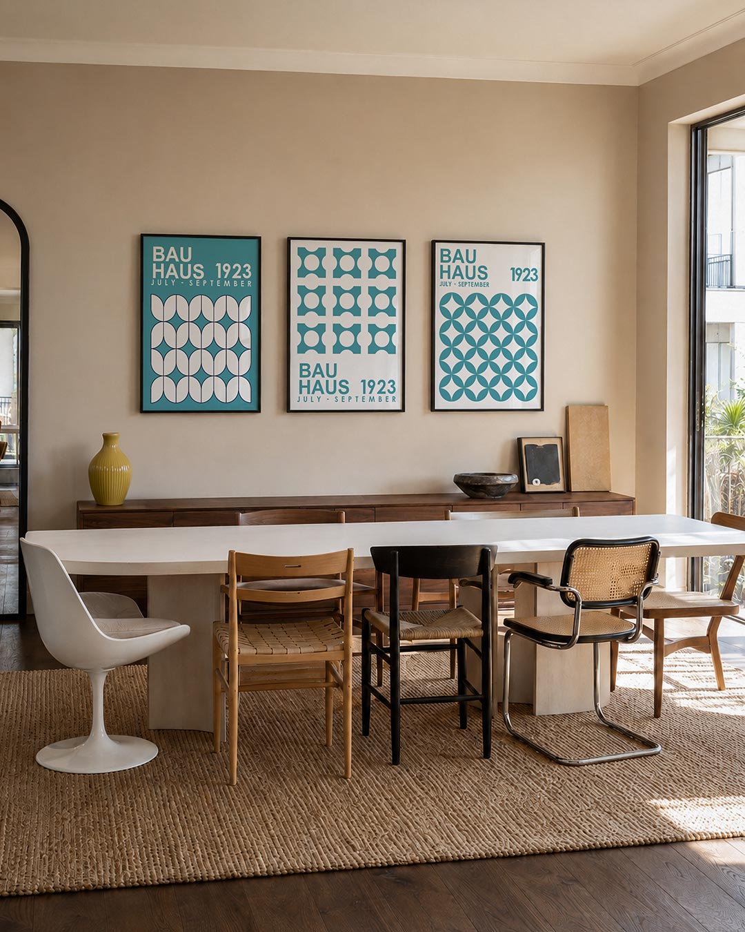 Vorm en ritme driedelige posterset – deze posterset in drie delen toont een speelse herhaling van witte vormen op een blauwe