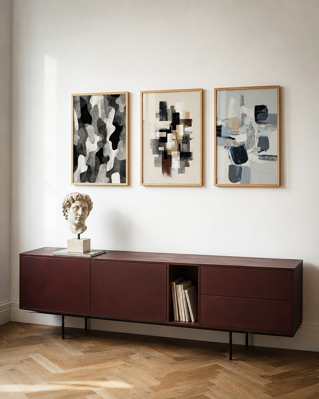 Vorm en schaduw posterset – detailweergave – deze posterset in drie delen toont vloeiende vormen in