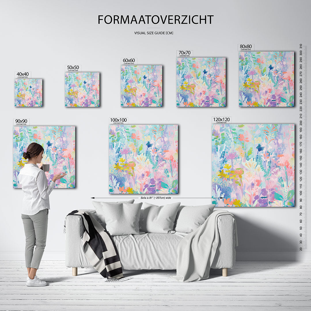 Kleurrijke bloemenpracht kunstwerk – sfeerbeeld – dit werk toont een levendige mix van bloemen in zachte pasteltinten. De