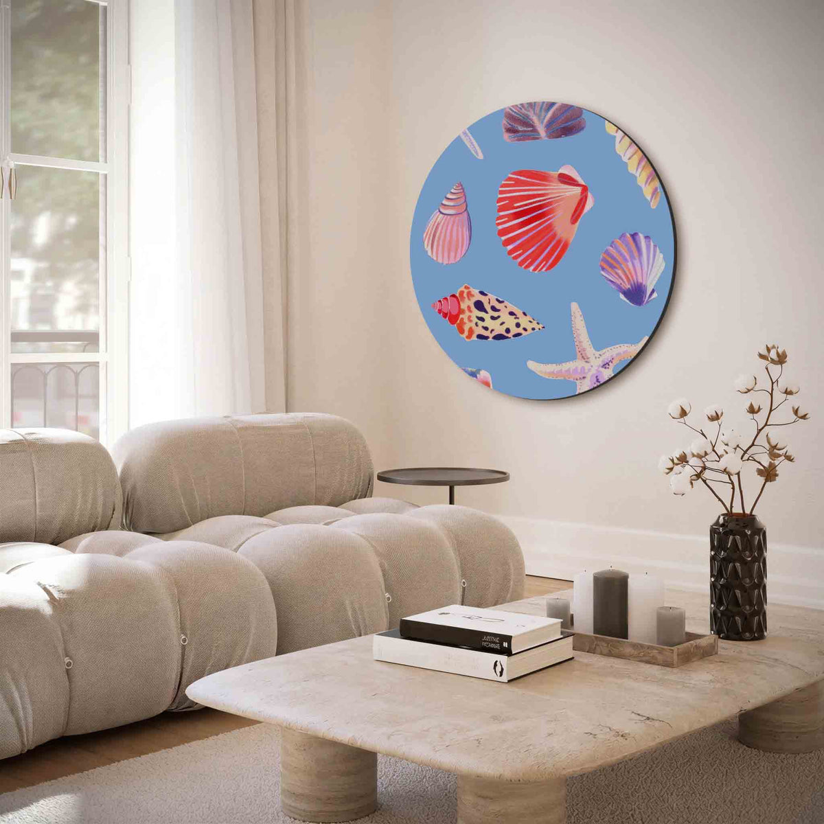 Schelp en zeester – illustratie muurcirkel als ronde muurdecoratie