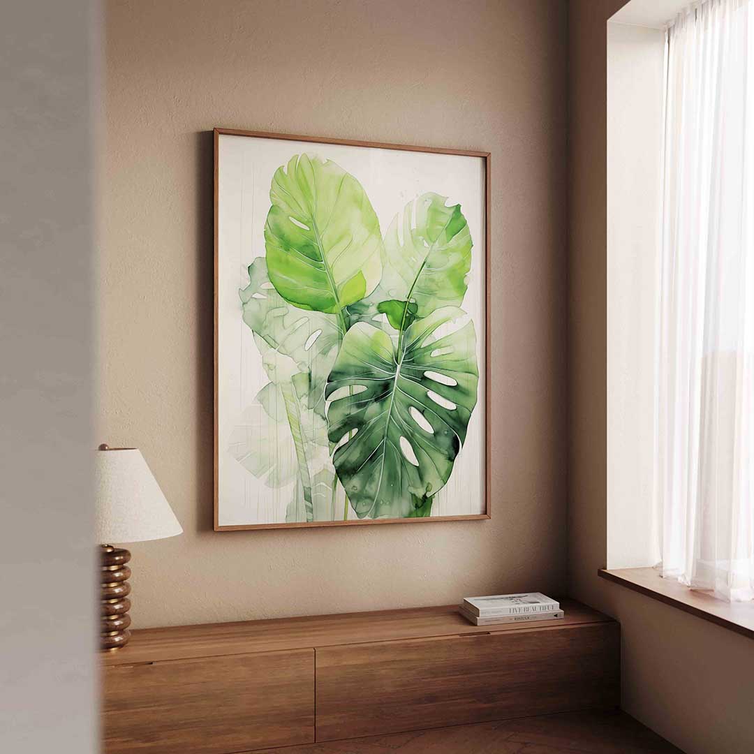 Monstera bladeren – tropische wandkunst als portret poster