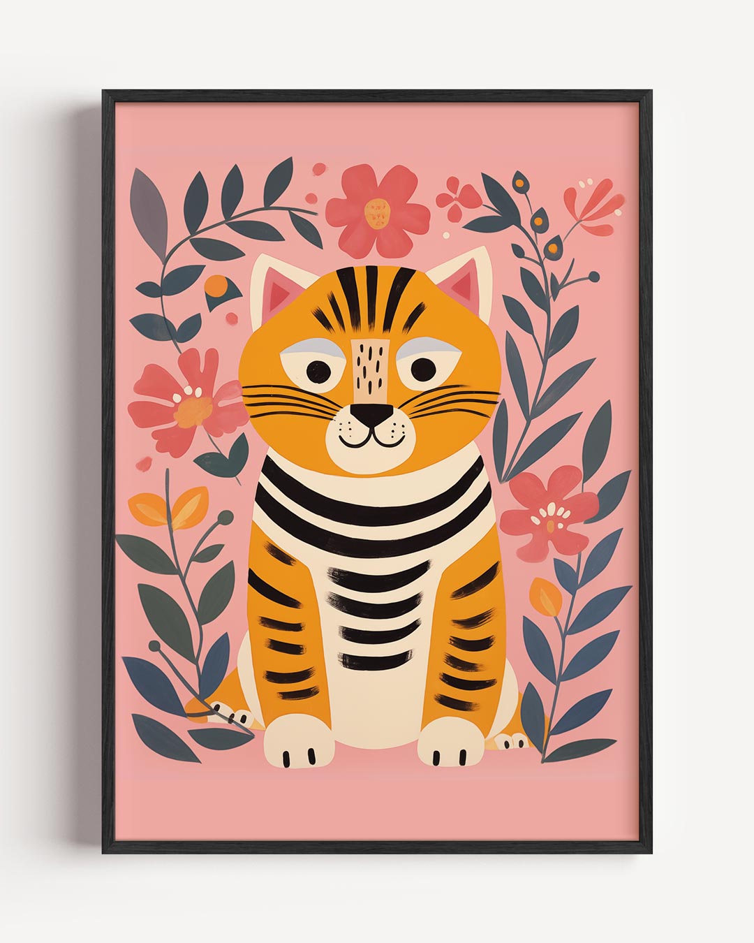 Vrolijke Tijger Met Bloemen – kids portret poster als wanddecoratie