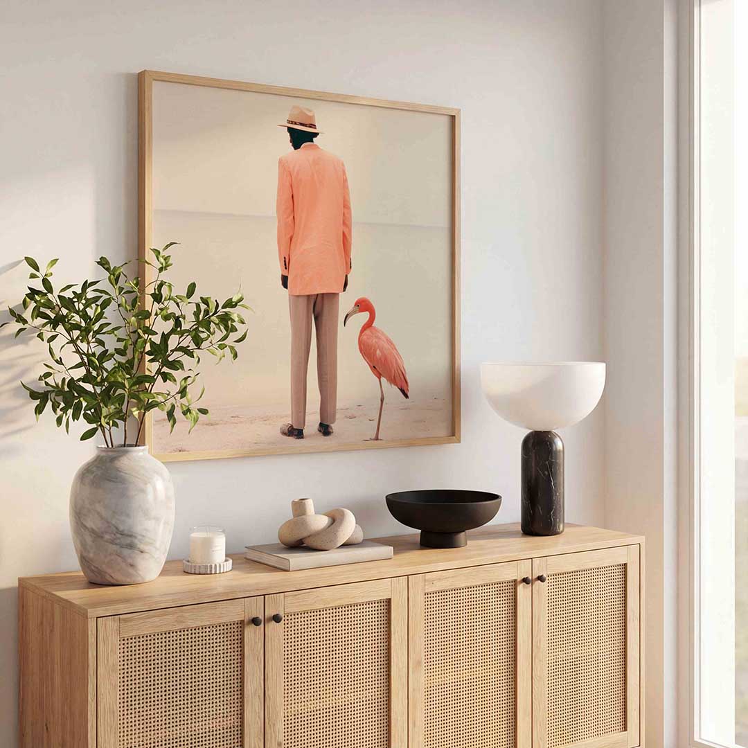 Man en flamingo – illustratie poster in vierkant formaat