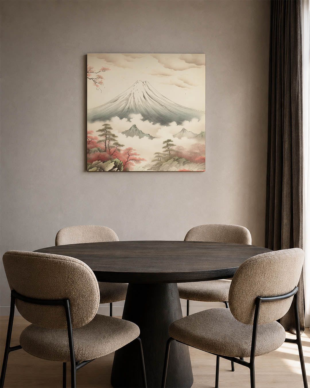 Serene berglandschap kunstwerk – vierkante wanddecoratie – dit kunstwerk toont een majestueuze berg omgeven door wolken en
