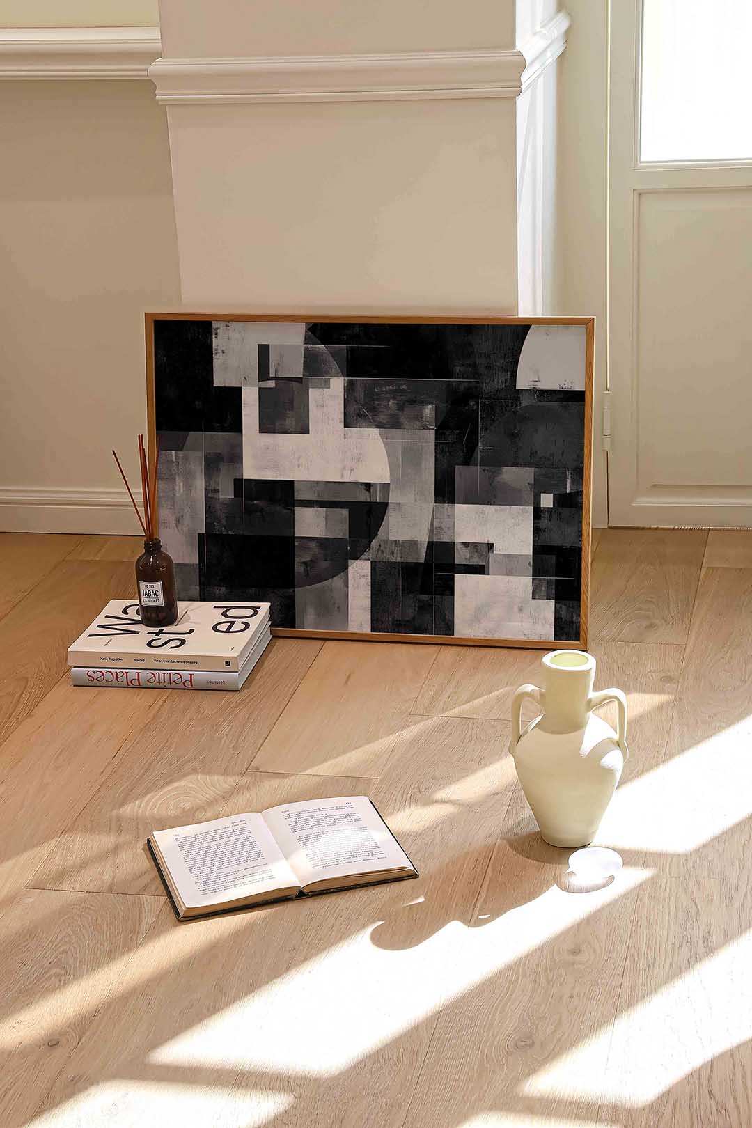 Abstracte zwart wit geometrische – liggende abstracte wanddecoratie van WallArtistic
