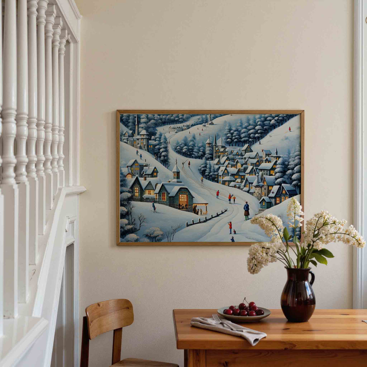 Winterdorp in de sneeuw – liggende illustratie poster als wanddecoratie