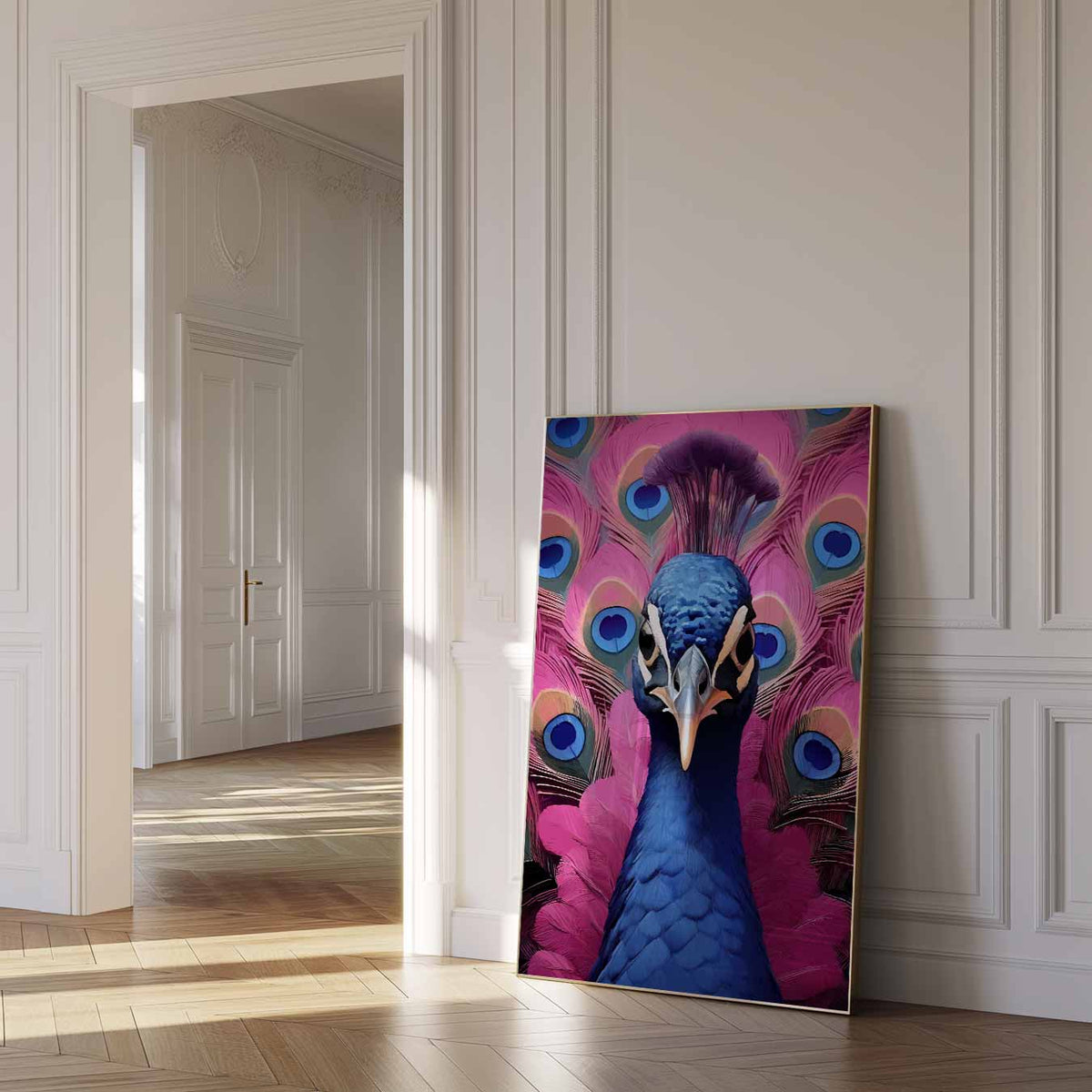 Vrolijke Pauwenpracht – dierenposter als moderne staande wanddecoratie