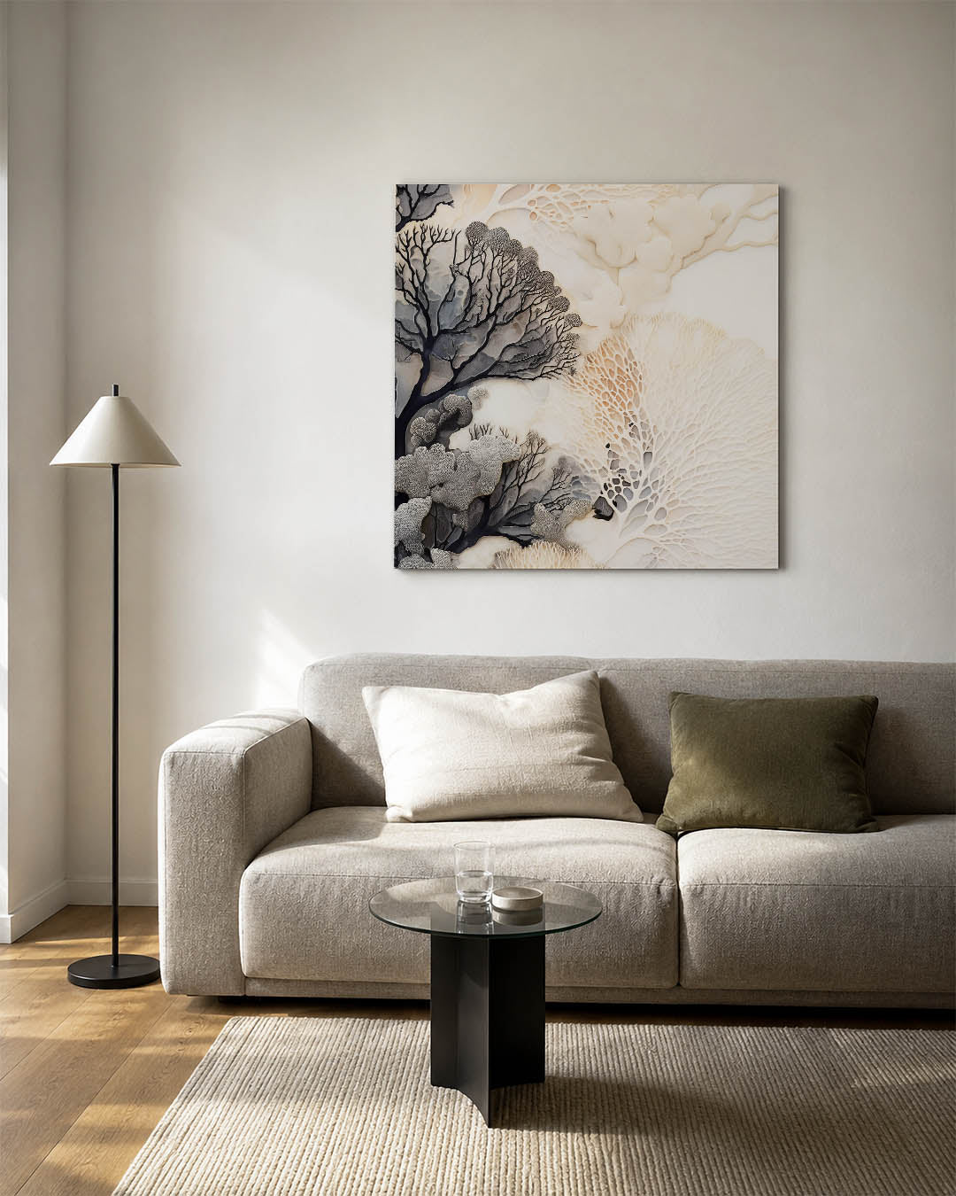 Organische vormen kunstwerk – vierkante wanddecoratie – dit kunstwerk toont een intrigerend spel van organische vormen en