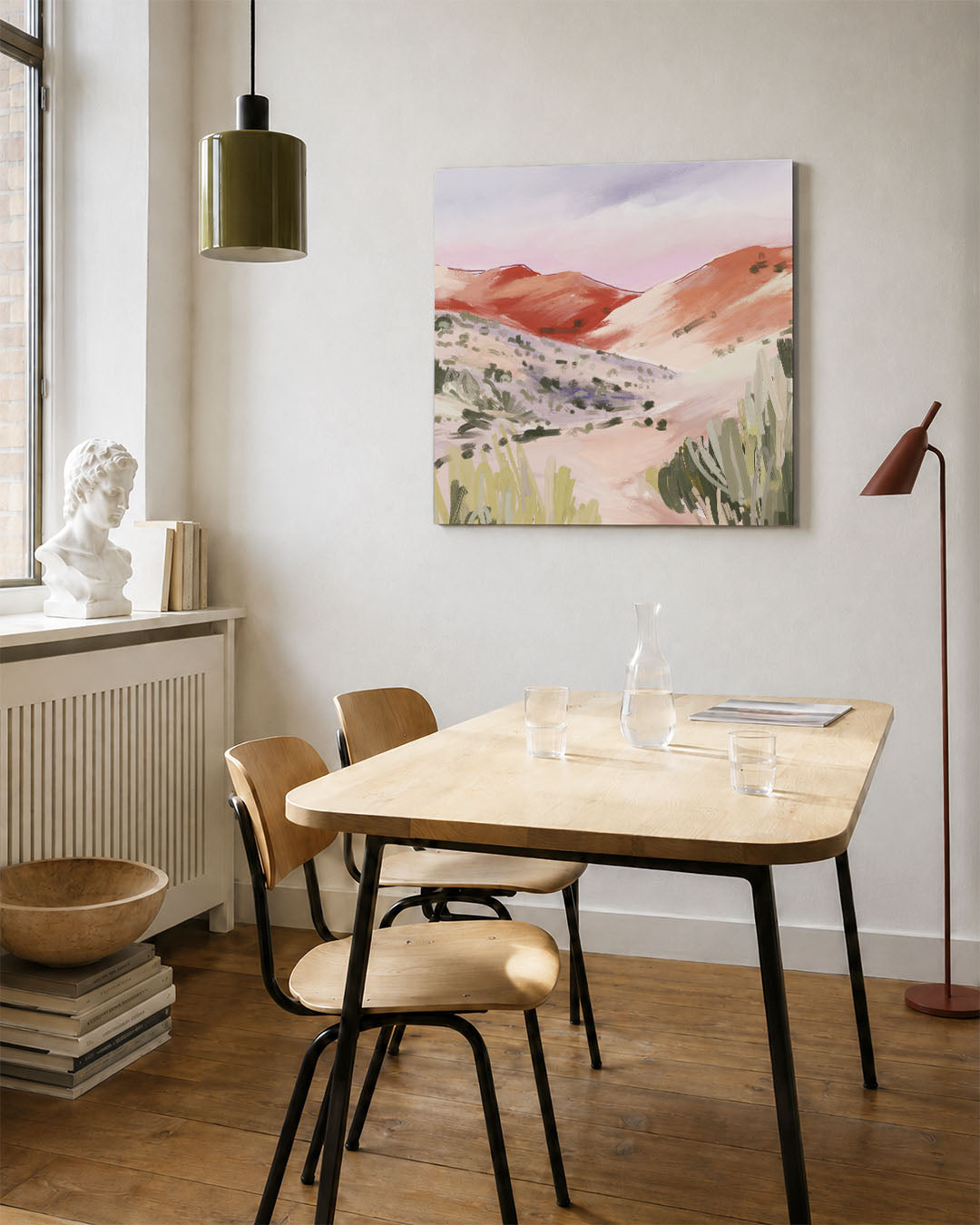 Kleurrijke heuvels kunstwerk – vierkante wanddecoratie – dit werk toont glooiende heuvels in warme tinten, met zachte