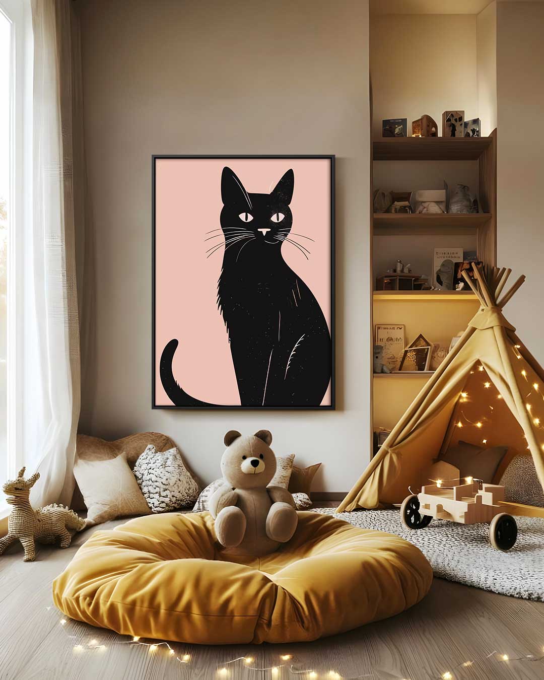 Stijlvolle Zwarte Kat Illustratie – canvas wanddecoratie in portret formaat