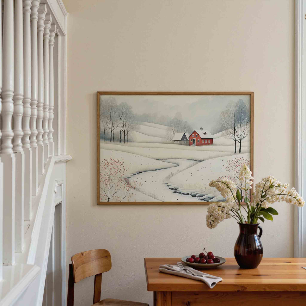 Landschap met rode boerderij – liggende illustratie poster als wanddecoratie
