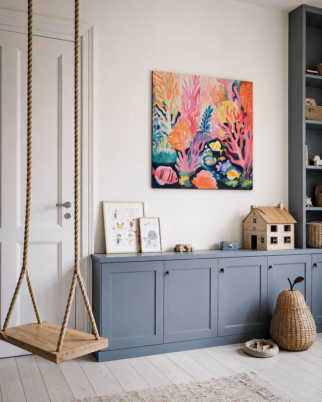 Kleurrijke onderwaterwereld kunstwerk – vierkante wanddecoratie – dit werk toont een levendige onderwaterwereld met