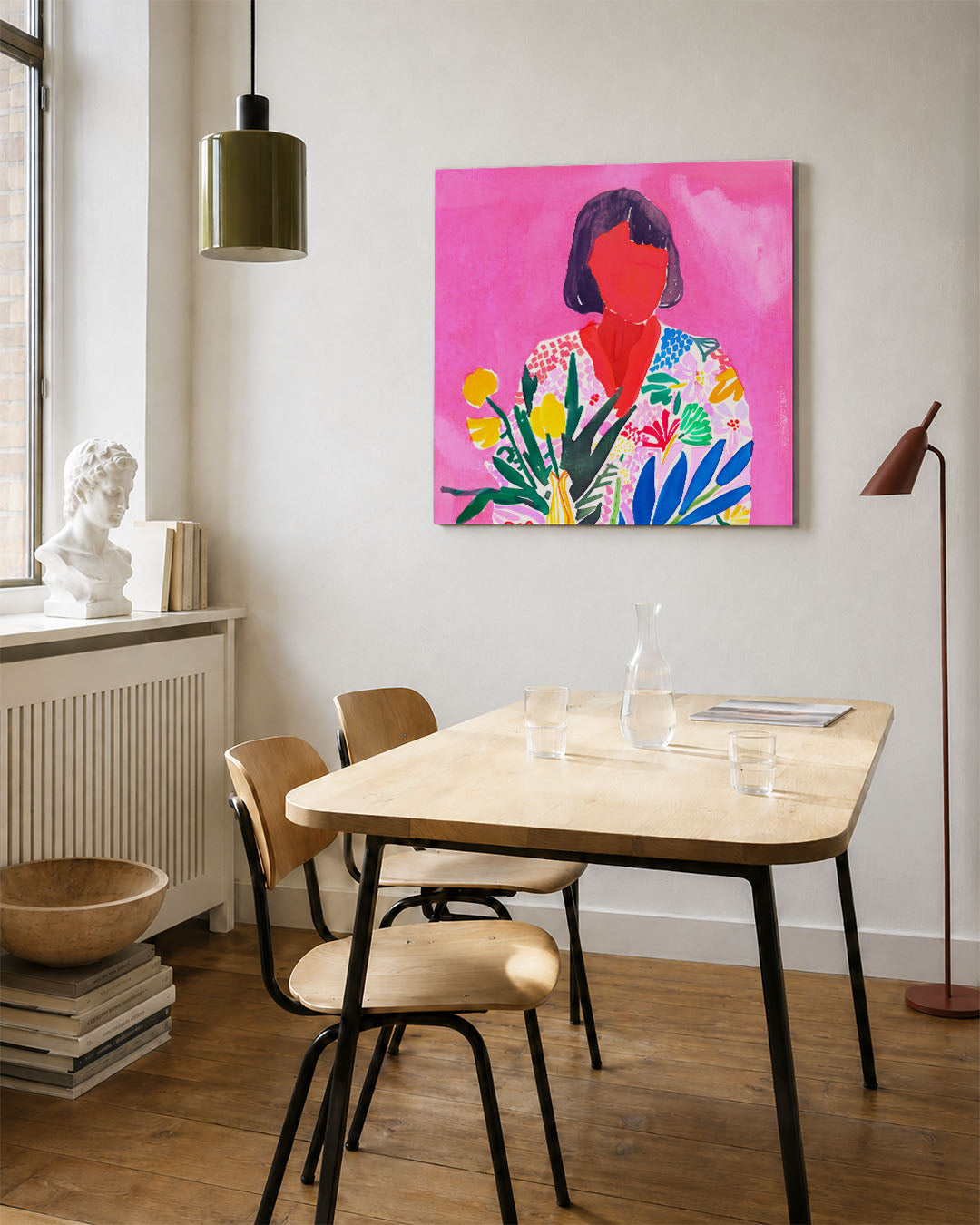 Vrolijke bloemenportret kunstwerk – vierkante wanddecoratie – dit kunstwerk toont een kleurrijk portret met een overvloed aan