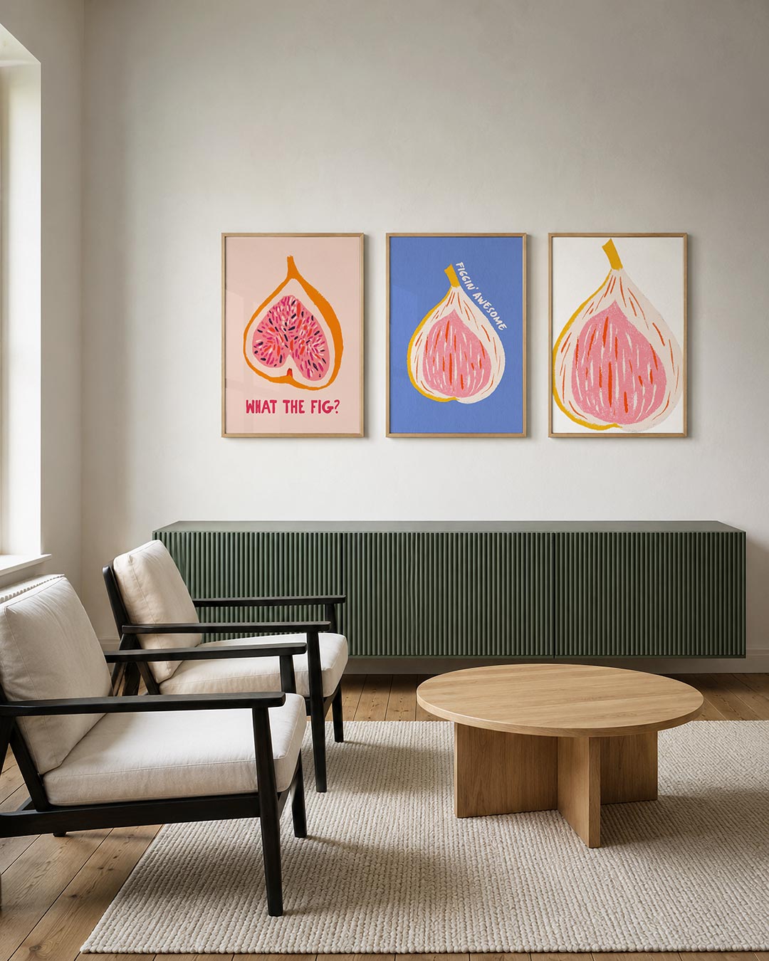 Fruitige verrassing posterset – derde productweergave – een speelse afbeelding van een vijg met levendige roze en