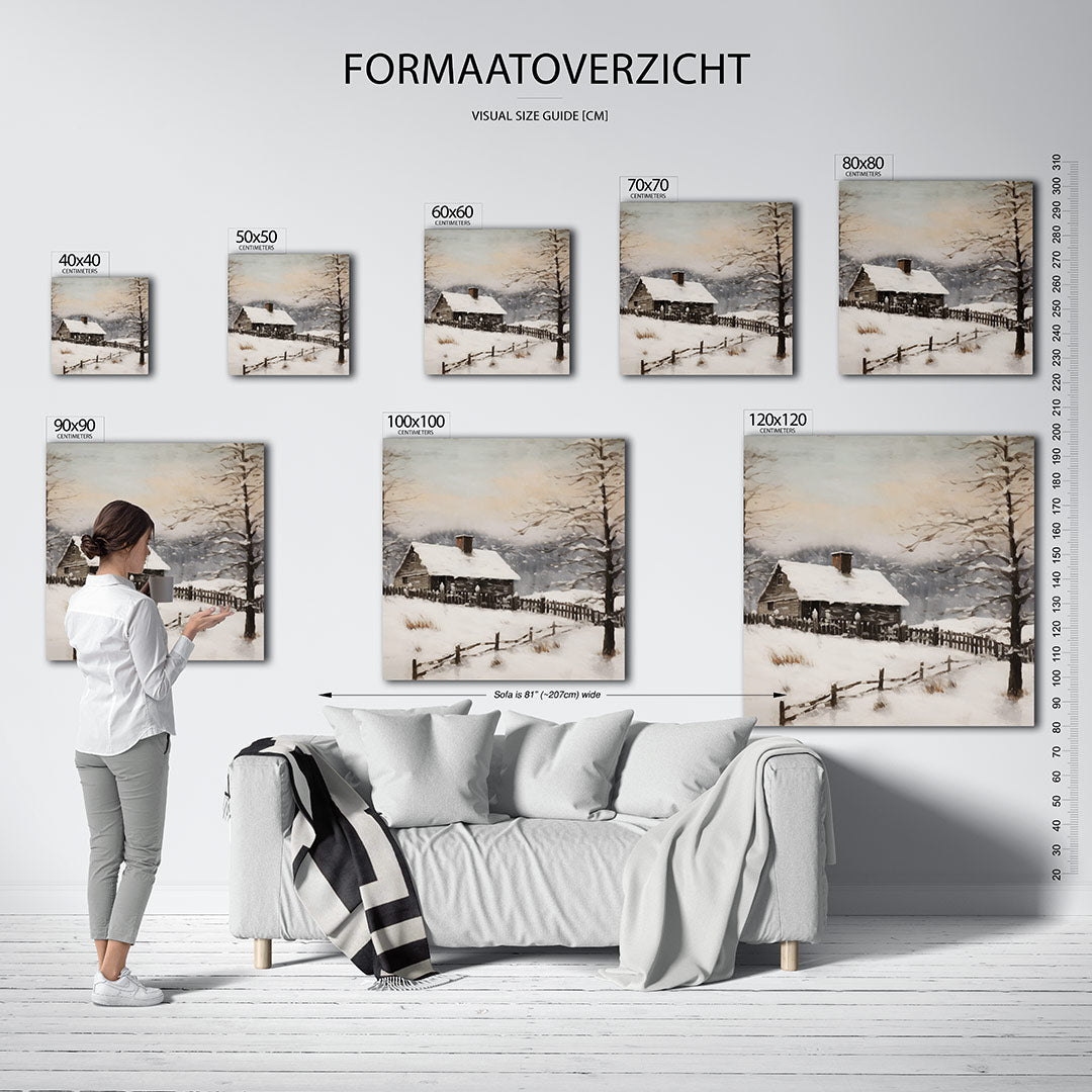 Winterlandschap met huis kunstwerk – sfeerbeeld – dit werk toont een huis in een besneeuwd landschap, omgeven door bomen en