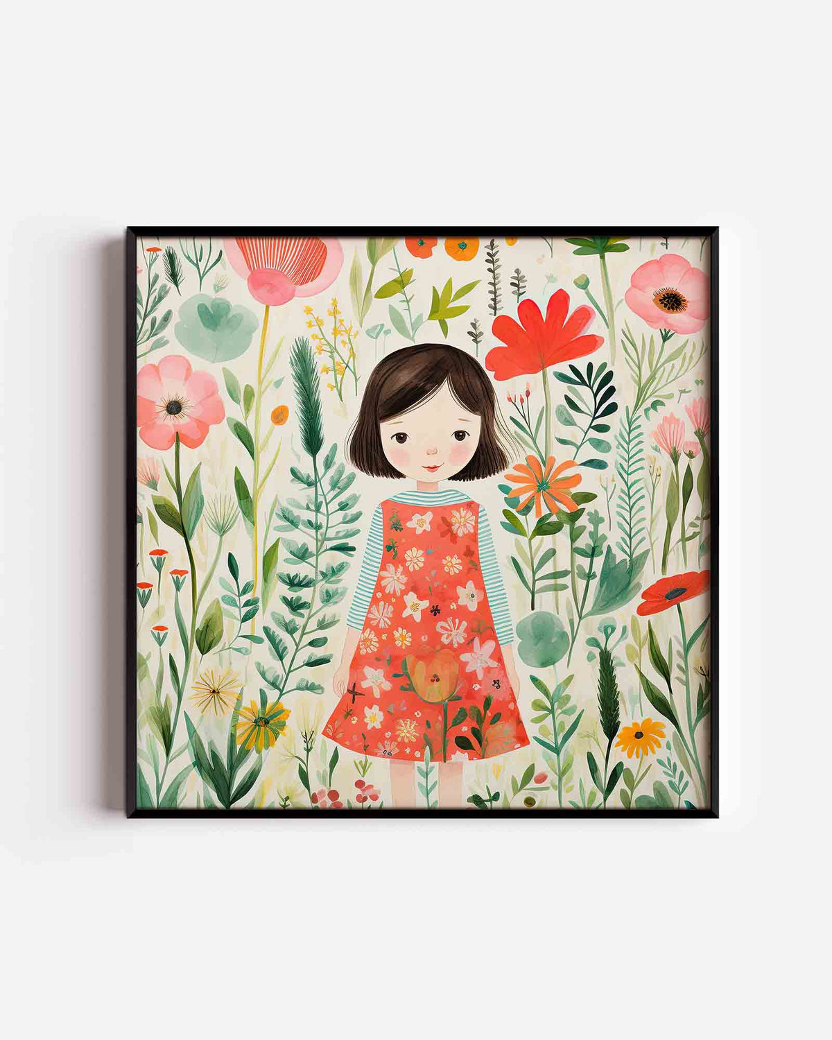 Meisje tussen bloemen – vierkante kinderposter als wanddecoratie