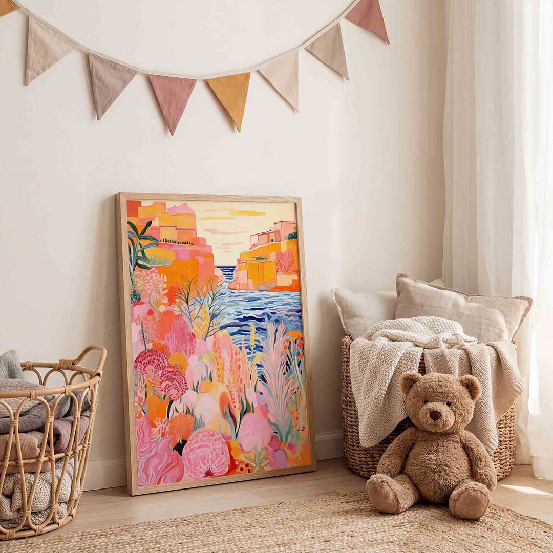Kleurrijke kustlijn – speelse wandkunst als portret kinderposter