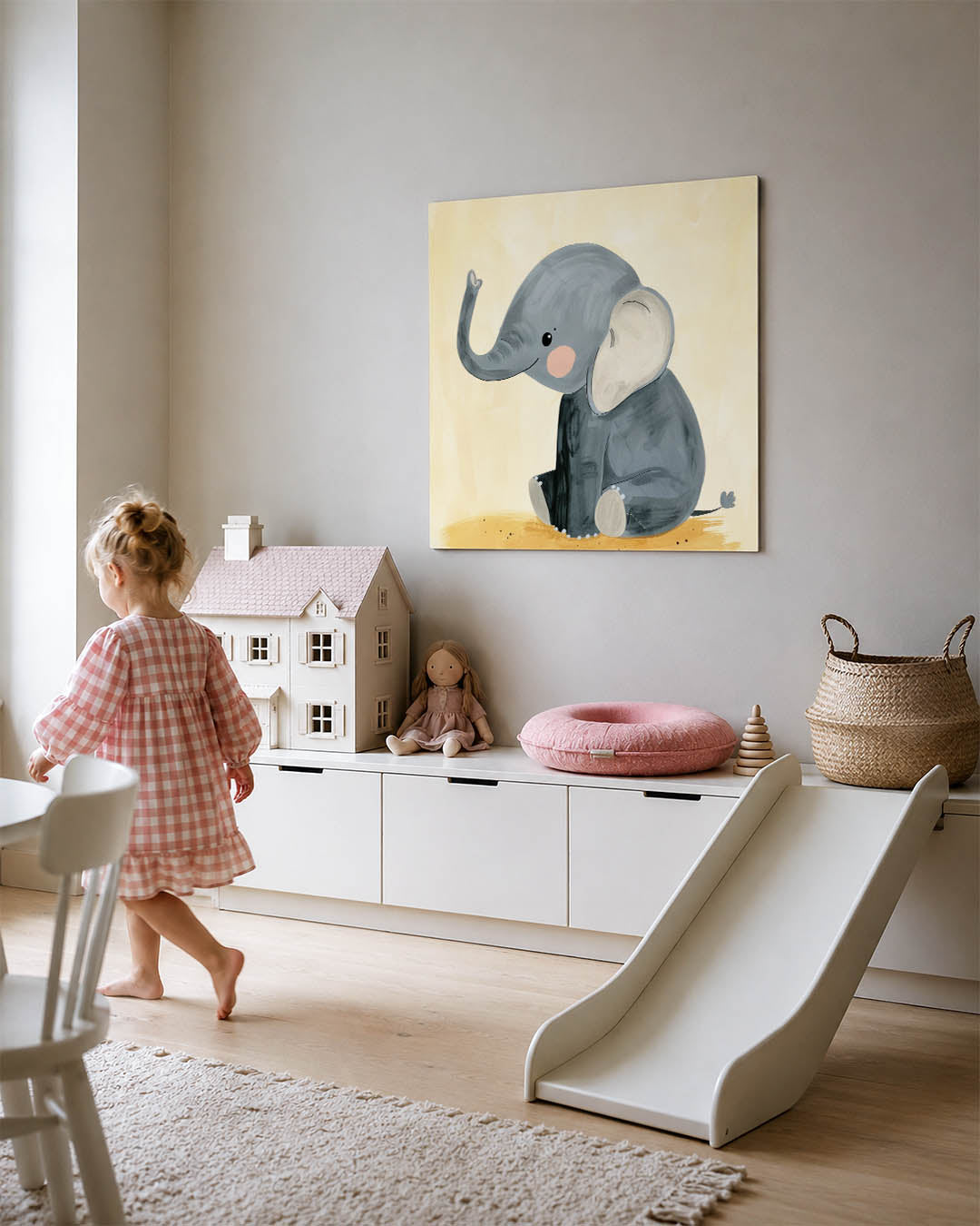 Schattige olifant illustratie kunstwerk – tweede productweergave – dit werk toont een schattige olifant met grote oren en een
