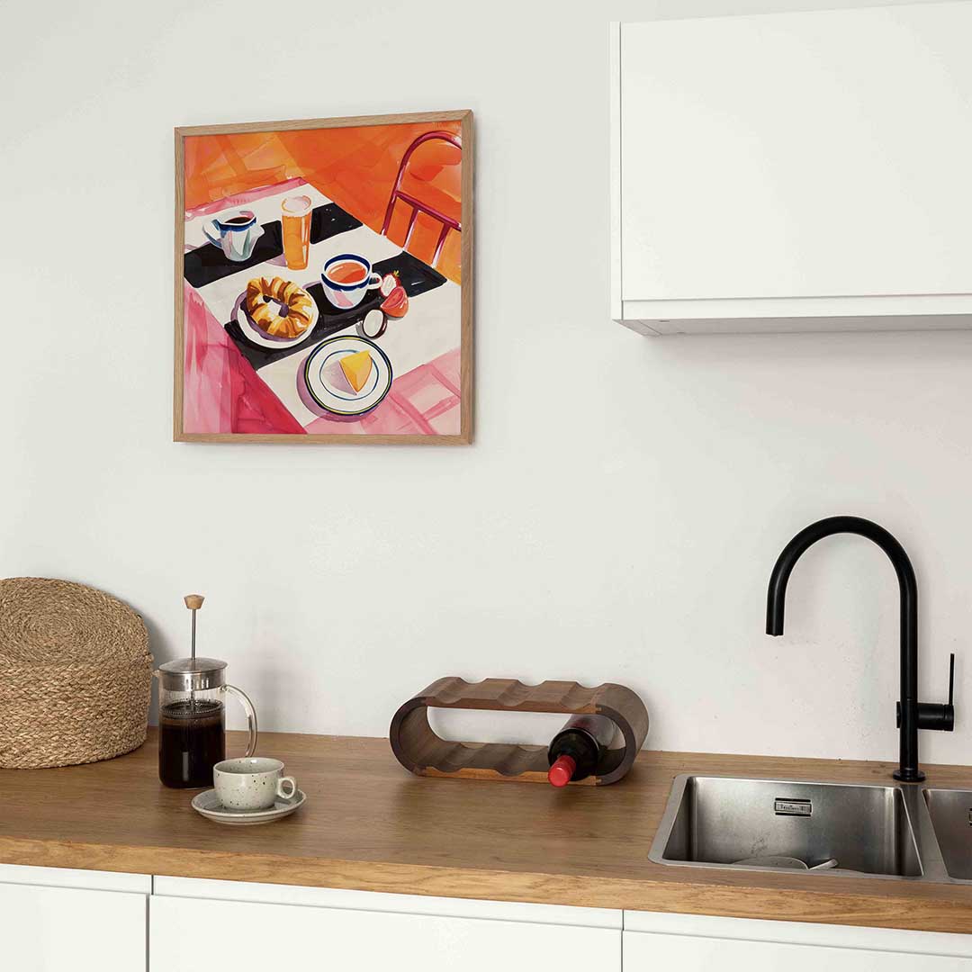Ontbijttafel met gebak – keukenposter in vierkant formaat