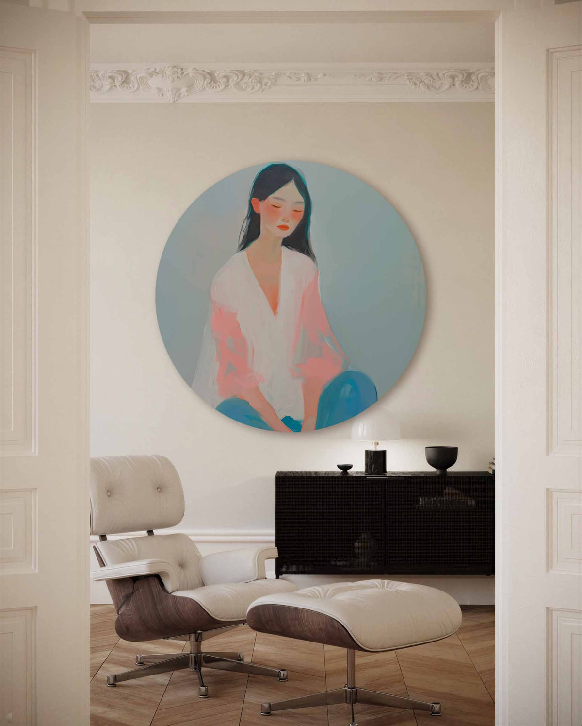 Vrouw in pastel – muurcirkel met kleur en vormen voor aan de muur