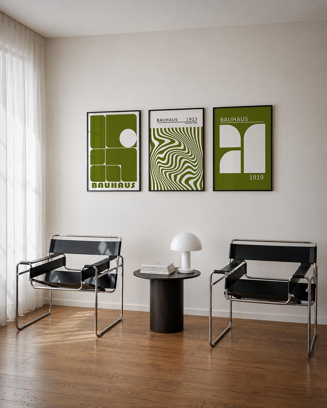 Vorm en balans driedelige posterset – deze posterset in drie delen toont een spel van olijfgroene rechthoeken en een witte
