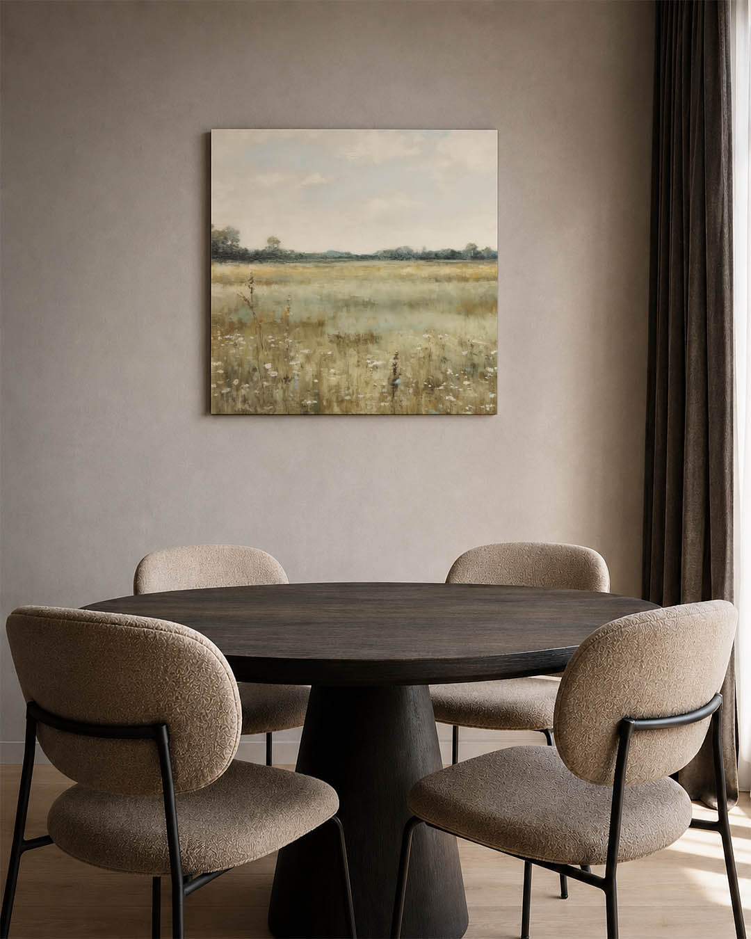Rustige landschap weergave kunstwerk – vierkante wanddecoratie – dit kunstwerk toont een serene weergave van een uitgestrekt