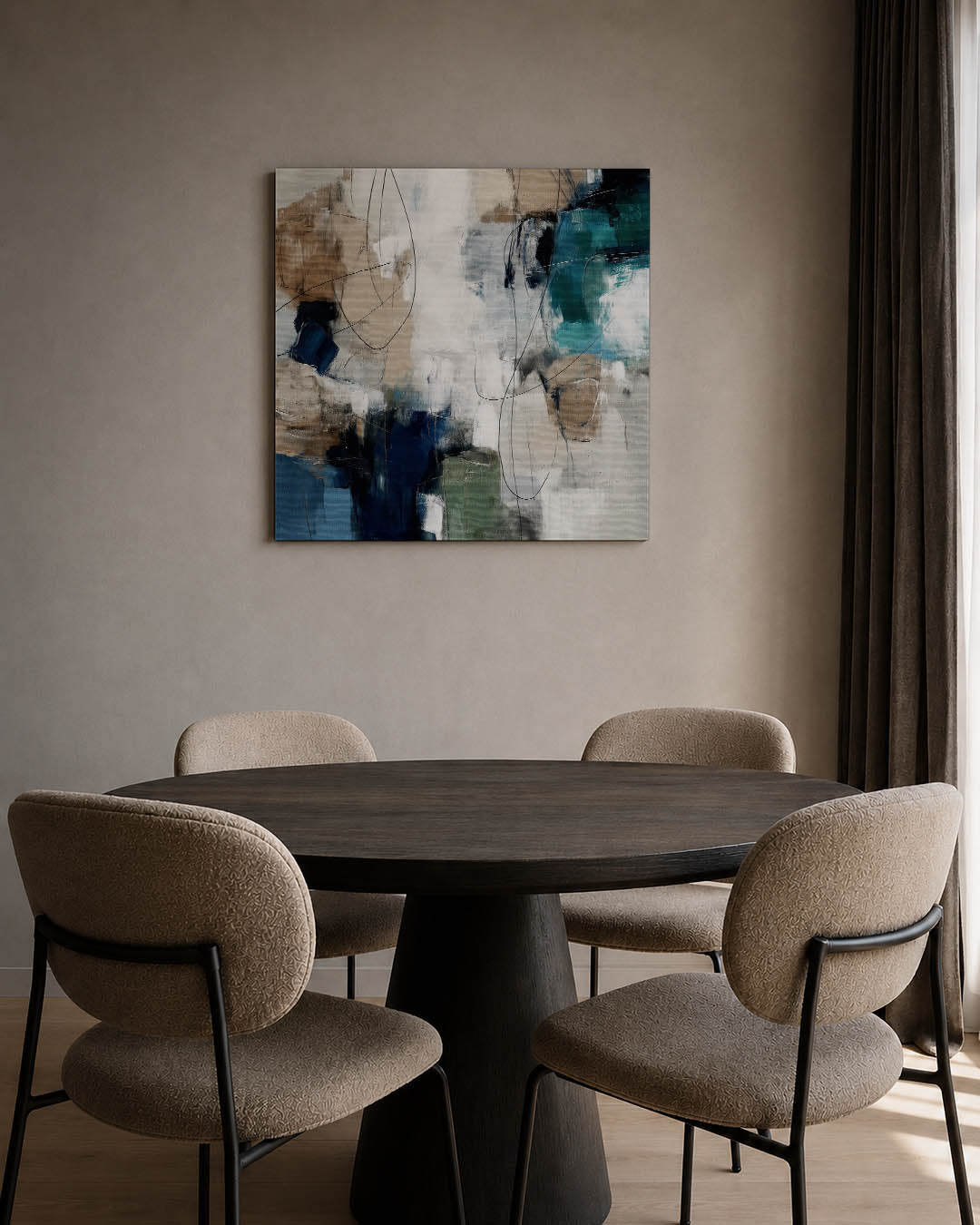 Dynamische kleurencompositie kunstwerk – tweede productweergave – dit kunstwerk toont een levendige mix van blauwe, beige en