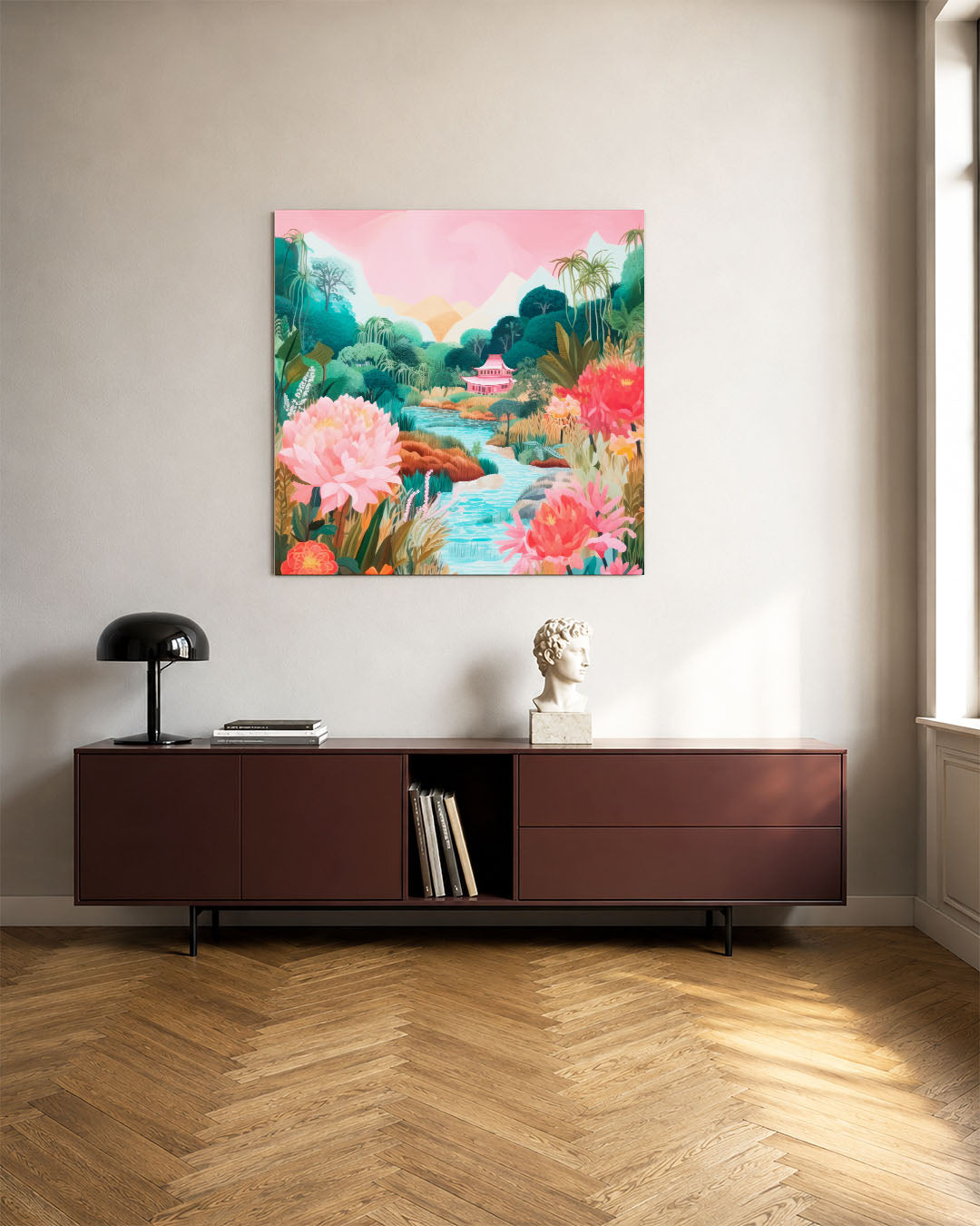 Dromerige tuin kunstwerk – tweede productweergave – dit kunstwerk toont een serene tuin met levendige bloemen en een rustig