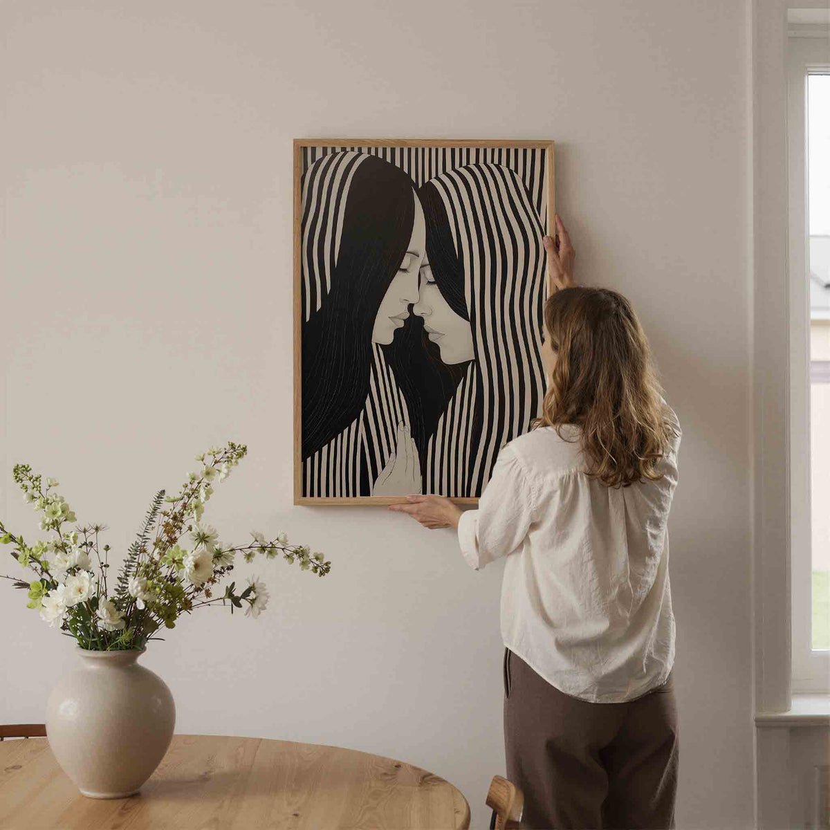 Twee gezichten met strepen – botanische wandkunst als portret poster