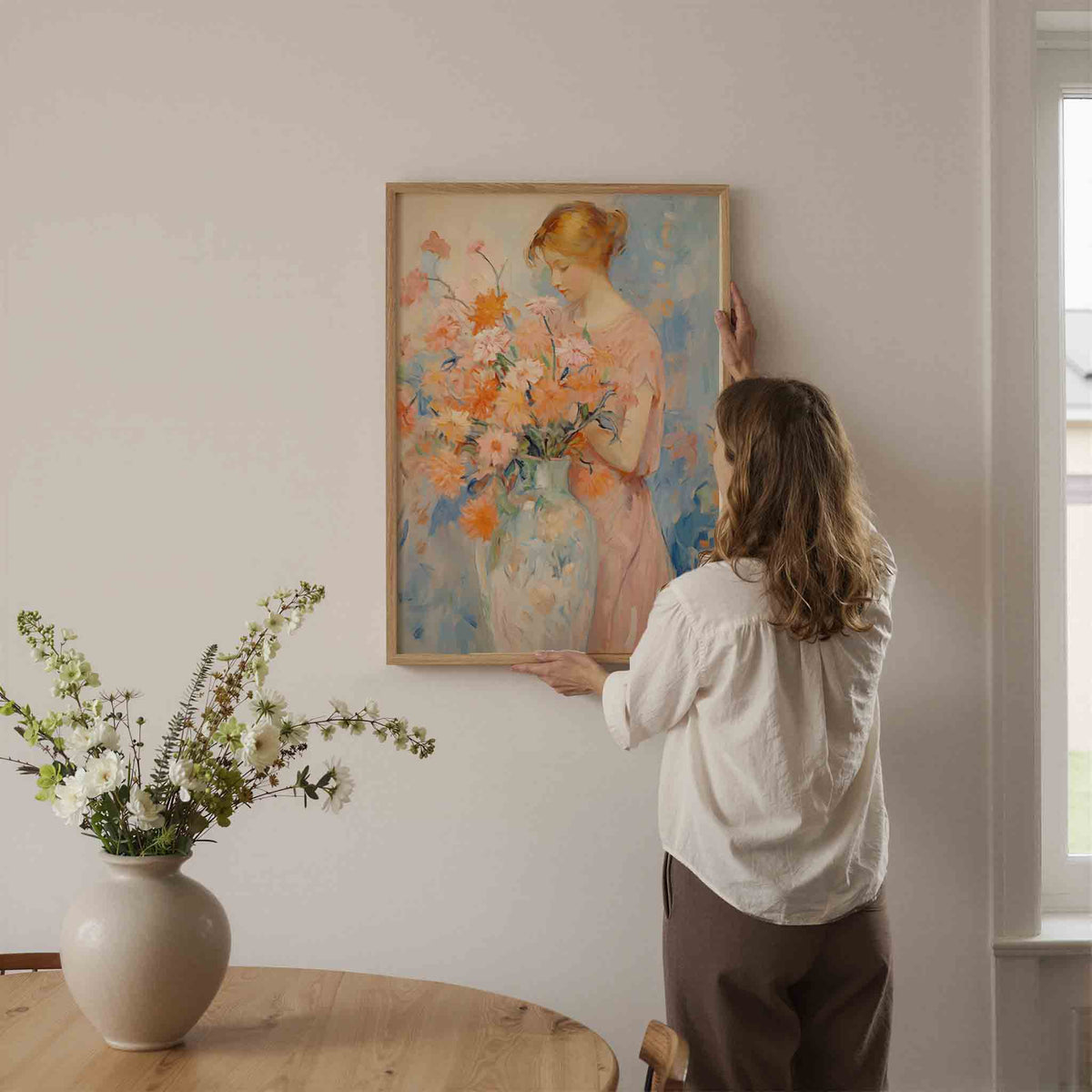 Vrouw met bloemen – botanische wandkunst als portret poster