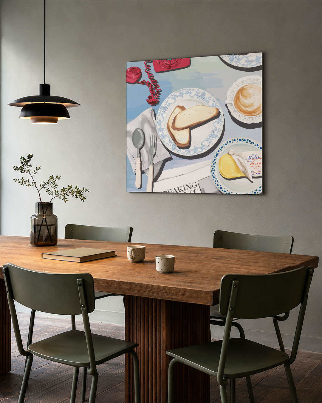 Ontbijt tafereel kunstwerk – tweede productweergave – dit werk toont een tafel met brood, boter en een kop koffie. Heldere