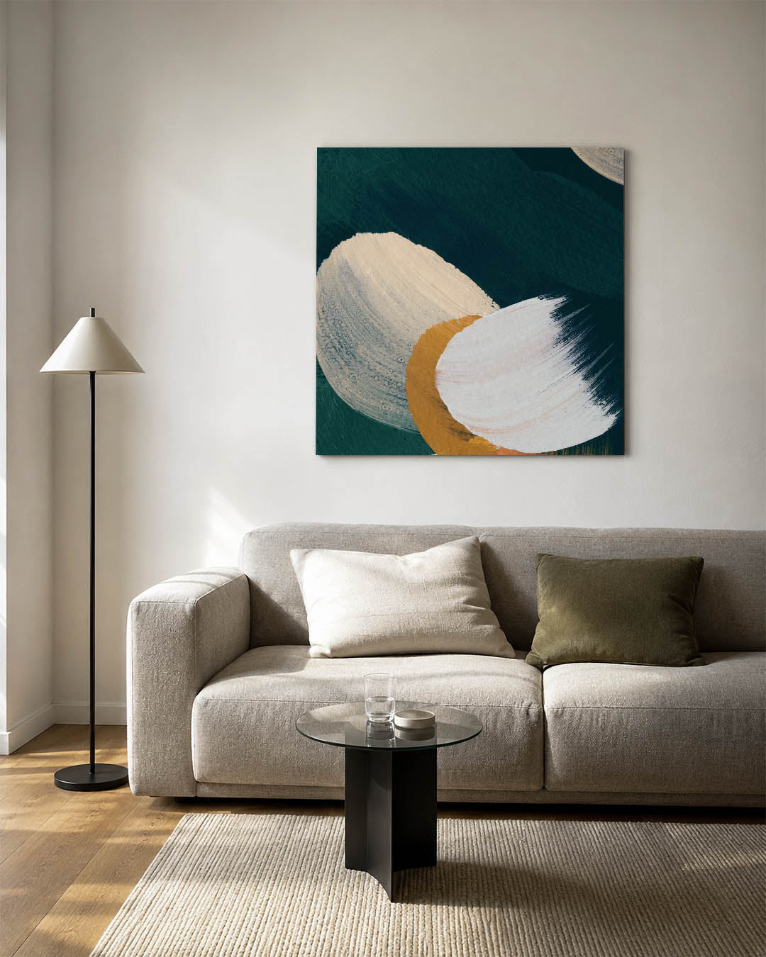 Organische borstelstreken kunstwerk – detailweergave – dit kunstwerk toont vloeiende, overlappende vormen in zachte kleuren.