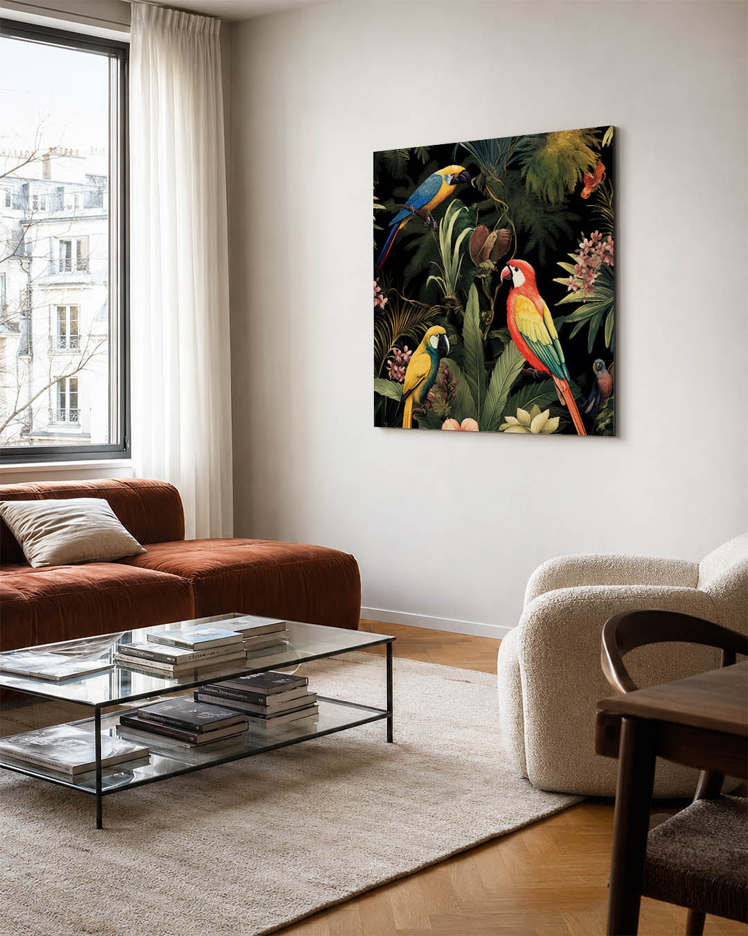 Exotische vogels en planten kunstwerk – vierkante wanddecoratie – dit werk toont kleurrijke papegaaien te midden van