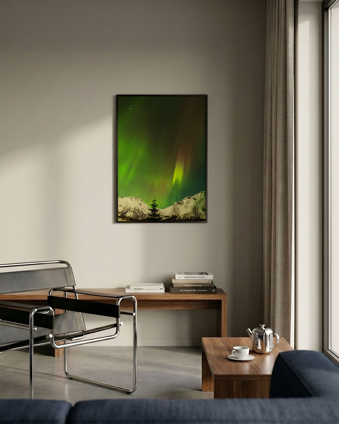 Noorderlicht landschap poster – detailweergave – deze poster toont een levendig noorderlicht boven een besneeuwd