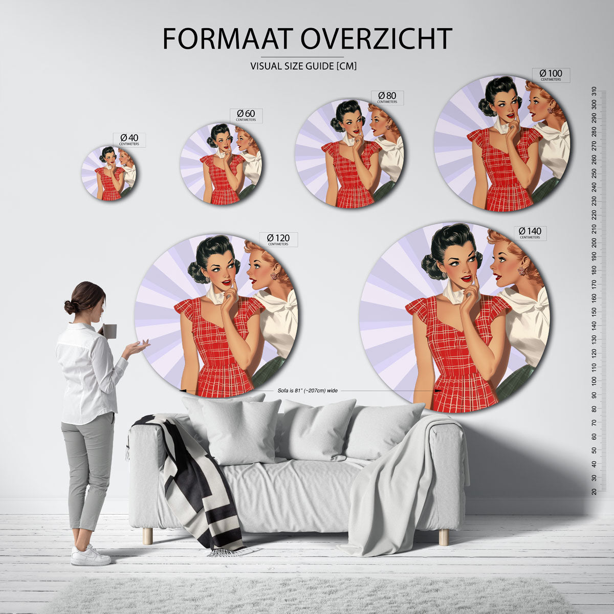 Vrouwen in retro stijl – kleurrijke ronde muurdecoratie in Pop Art stijl