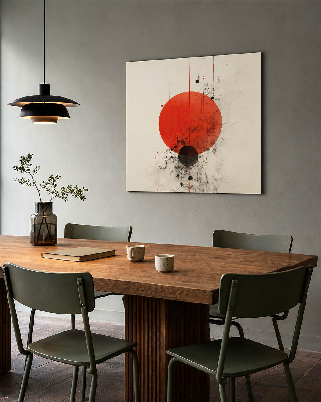 Geometrische cirkelcompositie kunstwerk – tweede productweergave – dit werk toont een grote rode cirkel met een kleinere