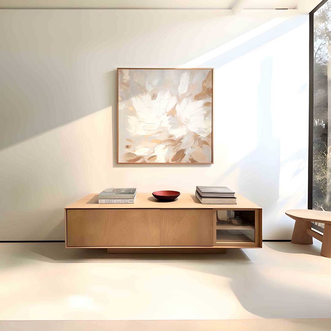 Abstracte beige en witte bloemen – vierkante abstracte wanddecoratie van WallArtistic