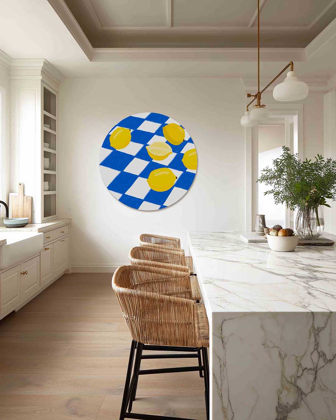 Citroenen op blauw wit – Pop Art muurcirkel als ronde wanddecoratie