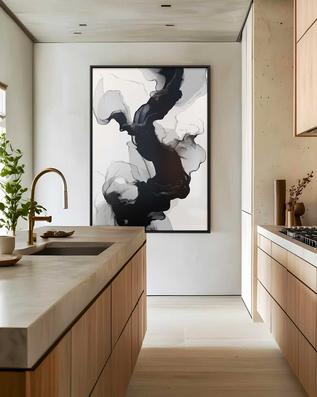 Golvende Zwart-Witte Abstractie – dibond wanddecoratie in staand formaat