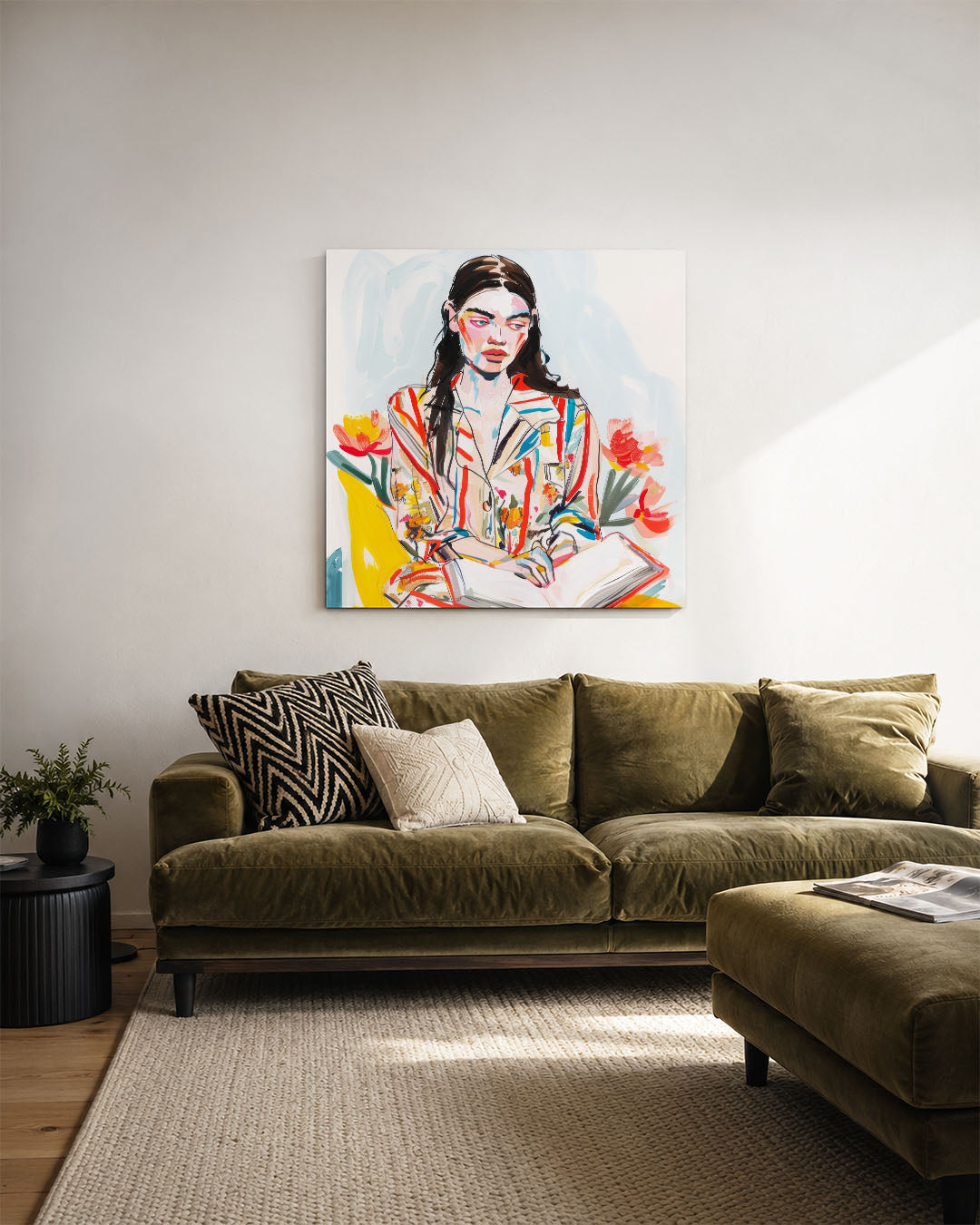 Kleurrijke portretstudie kunstwerk – derde productweergave – dit kunstwerk toont een vrouw met een levendig patroon van