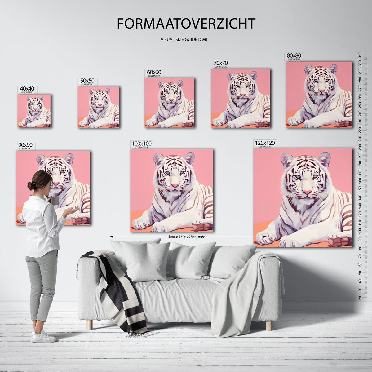 Witte tijger op roze – vierkante muurposter met dierenthema