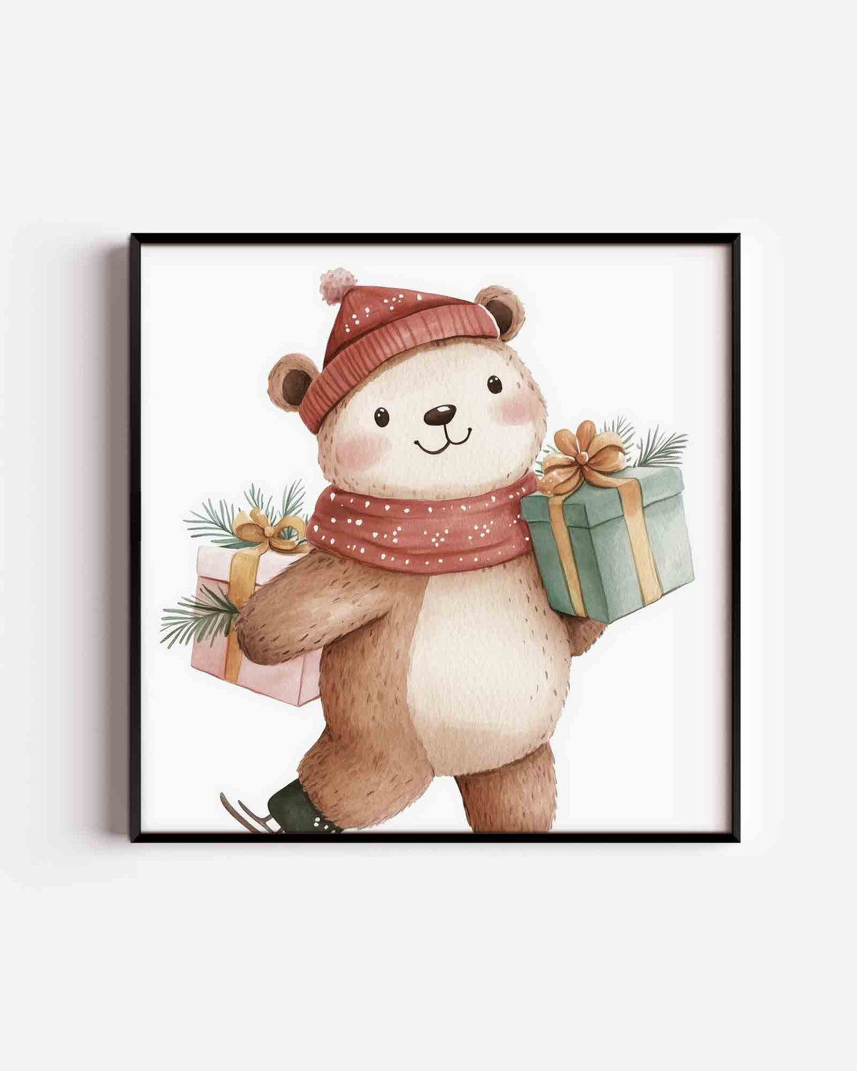 Beer met cadeaus – vierkante kinderposter als wanddecoratie