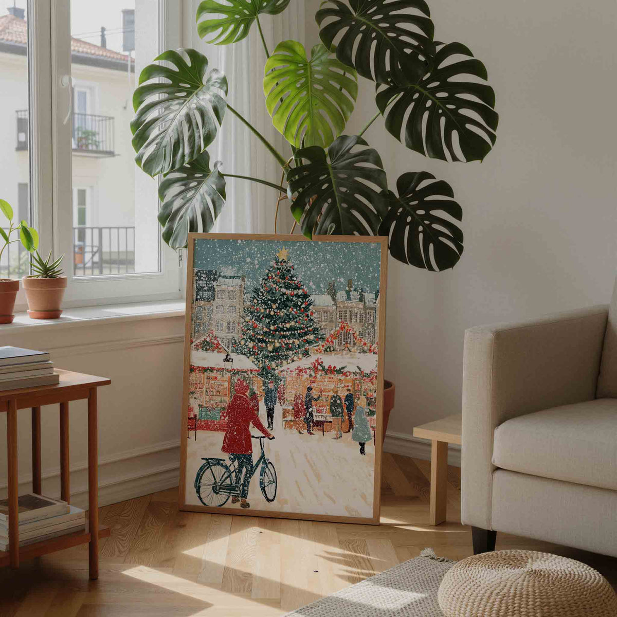 Kerstmarkt met sneeuw – feestelijke wandkunst als portret poster