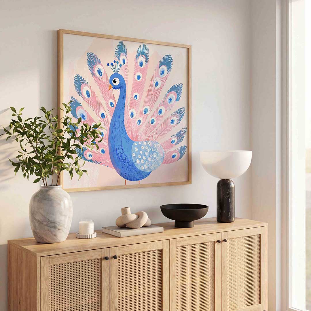 Blauwe pauw – dierenillustratie als vierkante poster